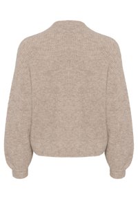 Béžový, texturovaný pletený svetr s kulatým límcem, balónovými rukávy a žebrovanými detaily, který ukazuje na měkkou, pohodlnou látku.