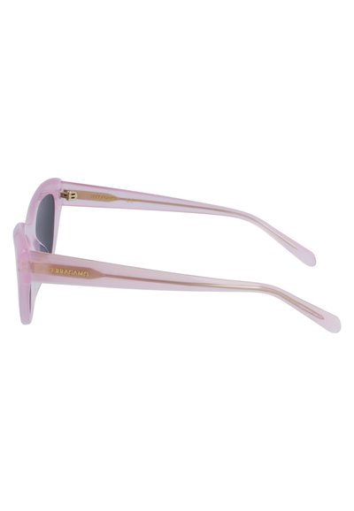 Transparent pink sunglasses with dark gray lenses, featuring angular frames and slender arms, embossed logo on the temples.