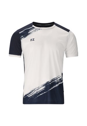 Kortærmet sportstrøje med hvid bund, marineblå ærmer og abstrakt marineblåt penselstrøg på skulderen og nederst foran.