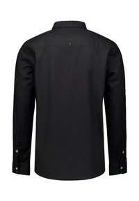 Zwarte long sleeve shirt met een spitse kraag, knoopmanchetten en een enkele lus aan de achterkant. Glad textuur en een aansluitende pasvorm.