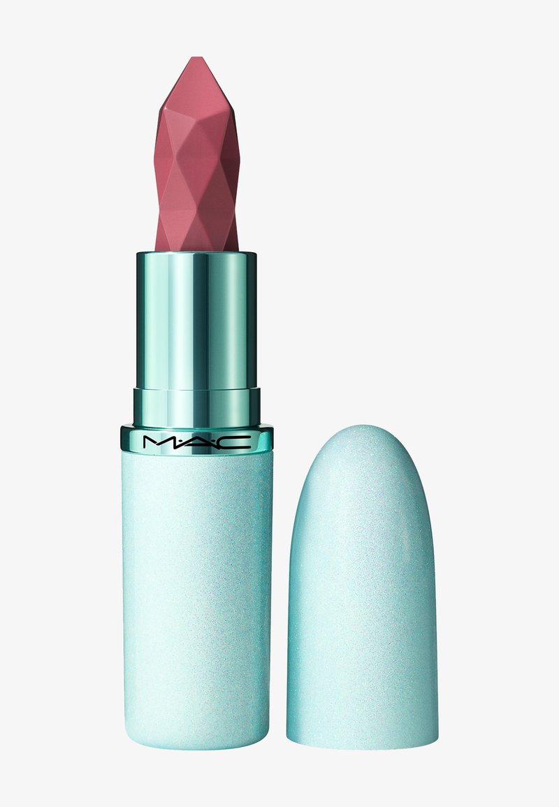 MAC lipstick with a faceted pink bullet. Light blue, textured casing features a glossy finish. Includes a matching domed cap.