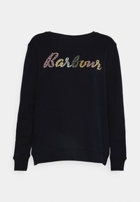Námořnická mikina s kulatým výstřihem a dlouhými rukávy. Na přední straně je vyšitý nápis "Barbour" v barevných květinových vzorech.