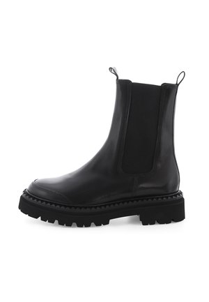 Schwarze Leder Chelsea-Stiefel mit elastischen Seitenpaneelen, Zuglaschen und dicken, gezackten Gummisohlen für verbesserten Halt und Langlebigkeit.