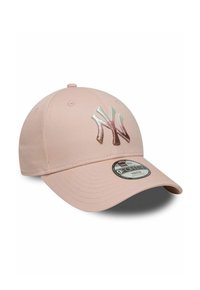 Cappello da baseball rosa chiaro in tessuto, con logo NY in rilievo rosa e argento. Dotato di visiera curva e cinturino regolabile.