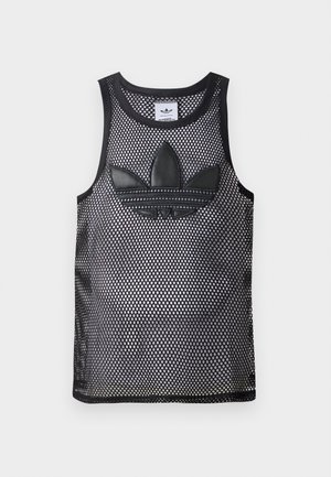 Czarny siateczkowy top na ramiączkach z dużym teksturowanym logo Adidas trefoil z przodu oraz prążkowanym wykończeniem dekoltu i otworów na ramiona.