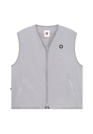 Gray sleeveless vest with a front zipper, two side pockets, and a black logo patch on the chest. Smooth, lightweight fabric with a mesh lining.