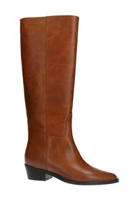 Bottes en cuir marron jusqu'aux genoux avec une texture lisse, un léger talon et des coutures minimales. Elles présentent un bout arrondi et un design épuré.