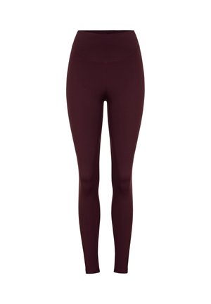 Weinrote Leggings mit hohem Bund, hergestellt aus glattem, dehnbarem Stoff. Die enganliegende Passform sorgt für eine schlanke Silhouette.