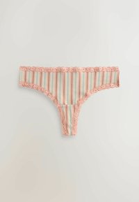 Stribet g-streng med pastel lyserøde, blå og beige lodrette striber, kantet med lyserød blonder på talje og benåbninger.