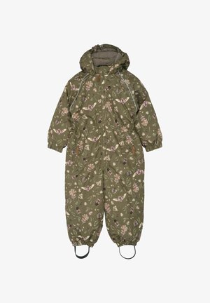 Tuta isolata verde con cappuccio. Presenta un motivo a tema naturale con foglie e animali, polsi elasticizzati e cinghie per i piedi.