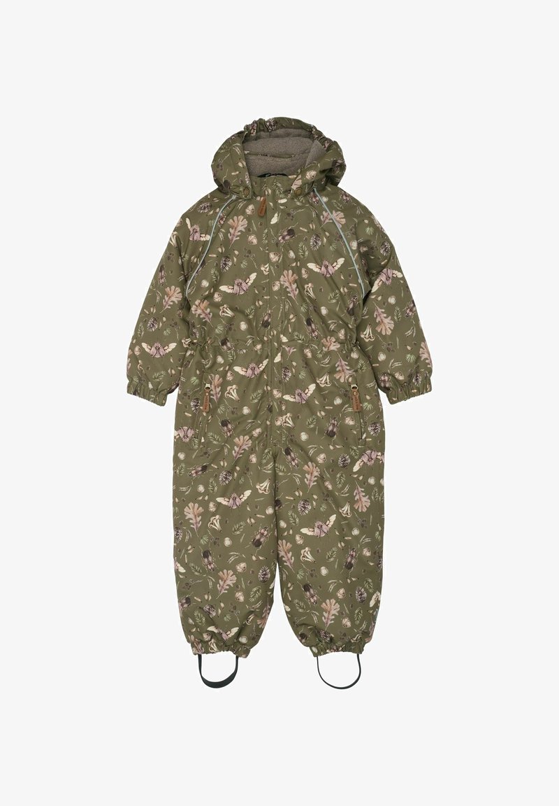 Zaļš izolēts kombinezons ar kapuci. Iekļauj dabas tēmas rakstu ar lapām un dzīvniekiem, elastīgām aprocēm un kāju siksnām.