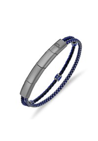 Bracciale metallico e intrecciato con una fascia metallica di tonalità argento e pelle intrecciata blu-nera, con un piccolo dettaglio logo.