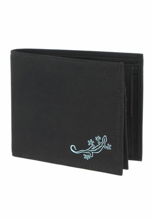 Portefeuille noir bi-fold avec un petit motif de lézard bleu clair dans le coin inférieur droit, montré partiellement ouvert.