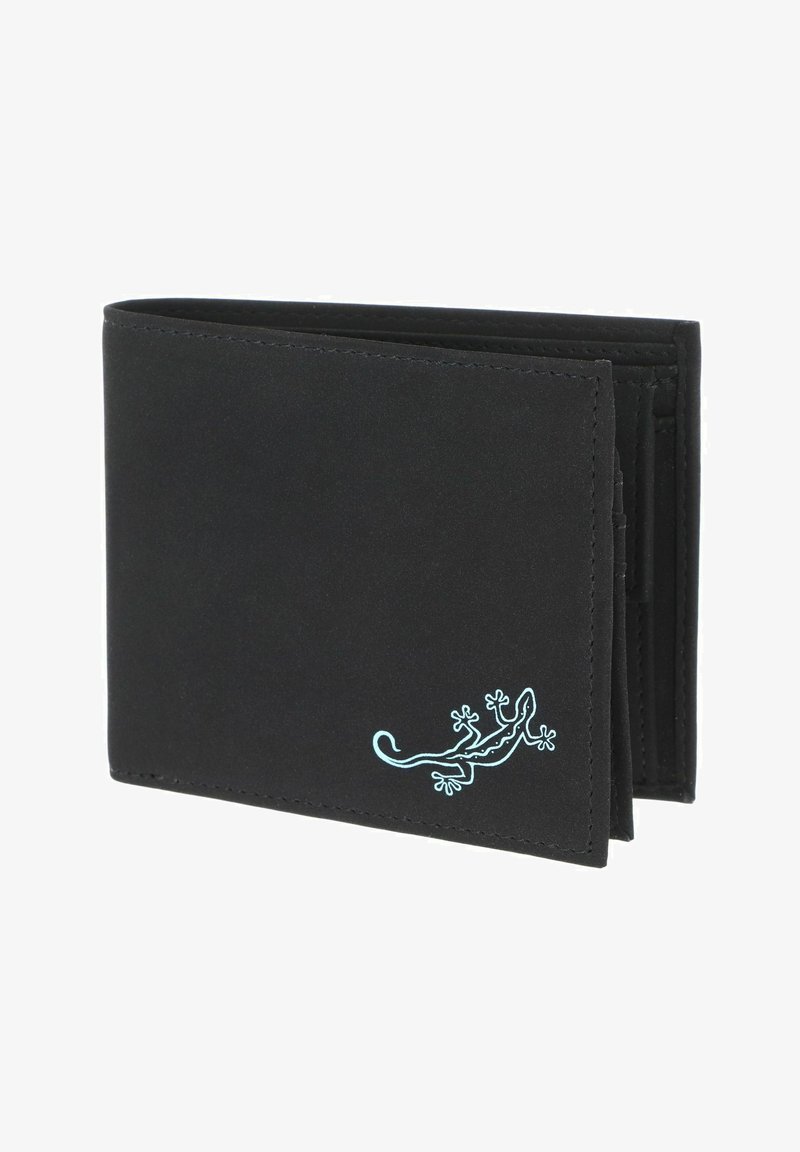 Portefeuille noir bi-fold avec un petit motif de lézard bleu clair dans le coin inférieur droit, montré partiellement ouvert.