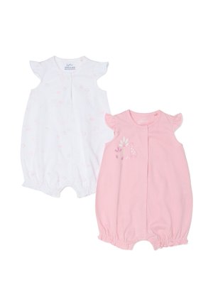 Zwei ärmellose Baby-Strampler, einer weiß mit dezenten Druckmotiven, einer rosa mit kleinem Giraffen- und Blätterdesign, beide mit Rüschenärmeln und Druckknöpfen.