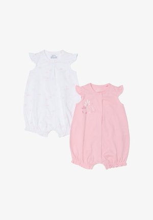 Twee mouwloze babyrompers, één witte met subtiele prints, één roze met een klein giraf- en blaadjesontwerp, beide met ruches aan de mouwen en drukknoopsluiting.