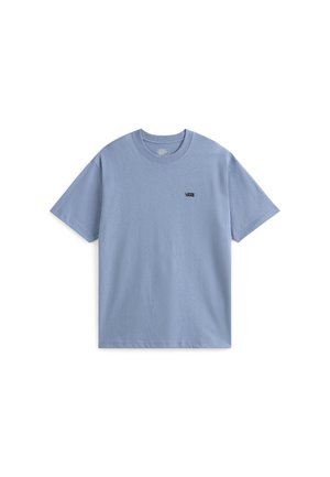 Lichtblauw T-shirt met korte mouwen gemaakt van katoen. Heeft een klein zwart Vans-logo geborduurd op de linkerborst. Klassiek ontwerp met ronde hals.