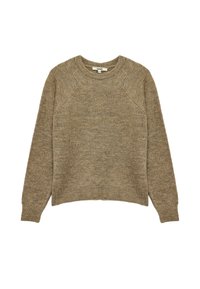 Beige Strickpullover mit Rundhalsausschnitt, Raglanärmel und geradem Saum. Weicher Stoff mit leichten Farbvariationen.