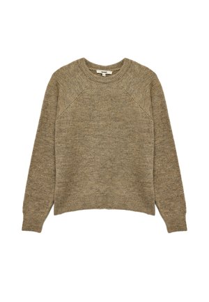 Beige Strickpullover mit Rundhalsausschnitt, Raglanärmel und geradem Saum. Weicher Stoff mit leichten Farbvariationen.