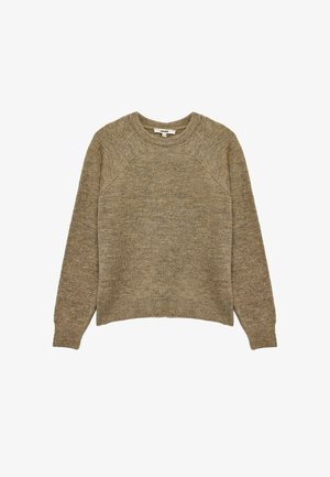 Beige strikket sweater med rund hals, raglanærmer og lige kant. Blød tekstur med let variation i farven.