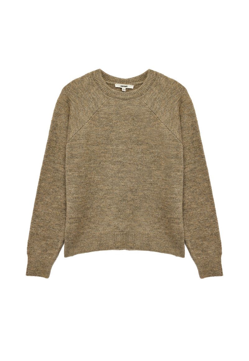 Beige Strickpullover mit Rundhalsausschnitt, Raglanärmel und geradem Saum. Weicher Stoff mit leichten Farbvariationen.