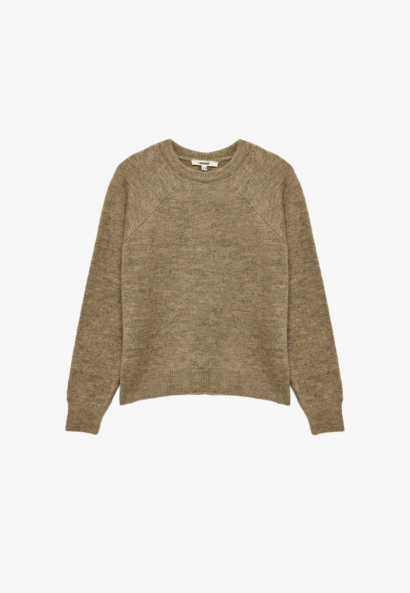 Beige Strickpullover mit Rundhalsausschnitt, Raglanärmel und geradem Saum. Weicher Stoff mit leichten Farbvariationen.