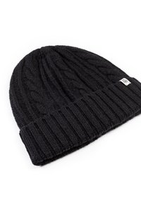 Black knitted beanie hat with cable knit design and ribbed cuff. Made of soft material, featuring a small brand tag on the side.