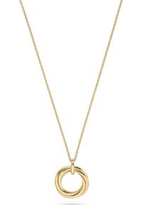 Gold-tone necklace featuring intertwined circular pendant on a fine chain, highlighting a smooth metallic texture and polished finish.