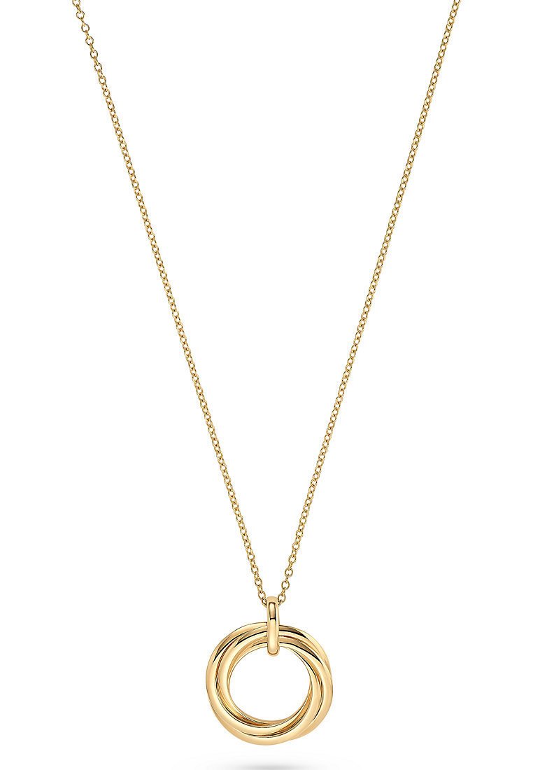 Gold-tone necklace featuring intertwined circular pendant on a fine chain, highlighting a smooth metallic texture and polished finish.