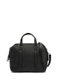 Sac à main noir en simili cuir texturé, avec des poignées supérieures doubles, une bandoulière amovible et une fermeture éclair.