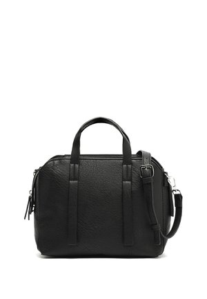 Sac à main noir en simili cuir texturé, avec des poignées supérieures doubles, une bandoulière amovible et une fermeture éclair.