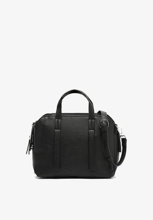 Black handbag made of textured faux leather, featuring dual top handles, a detachable shoulder strap, and a zip closure.