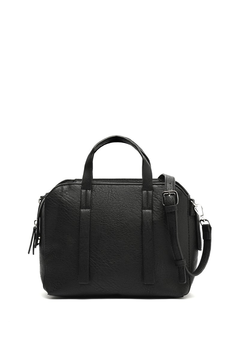 Sac à main noir en simili cuir texturé, avec des poignées supérieures doubles, une bandoulière amovible et une fermeture éclair.
