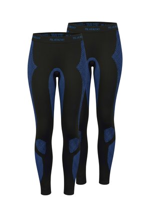Schwarze Leggings mit blauen Akzenten, strukturierten Mustern an den Seiten und enganliegendem Sitz. Entwickelt für aktive Nutzung mit einem mit Logo versehenen Bund.