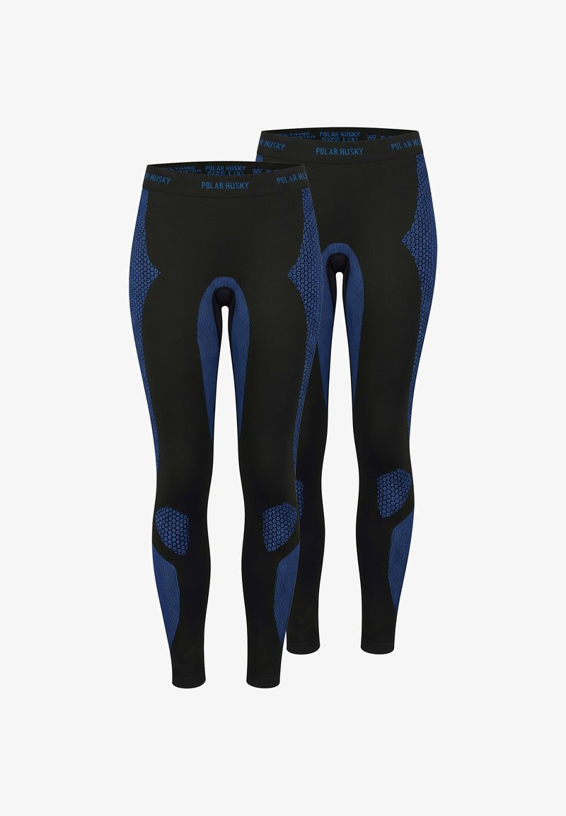 Schwarze Leggings mit blauen Akzenten, strukturierten Mustern an den Seiten und enganliegendem Sitz. Entwickelt für aktive Nutzung mit einem mit Logo versehenen Bund.