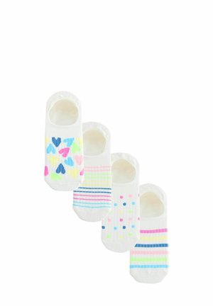 Four pairs of white no-show socks with colorful patterns: hearts, stripes, polka dots, and alternating stripes in pastel shades.