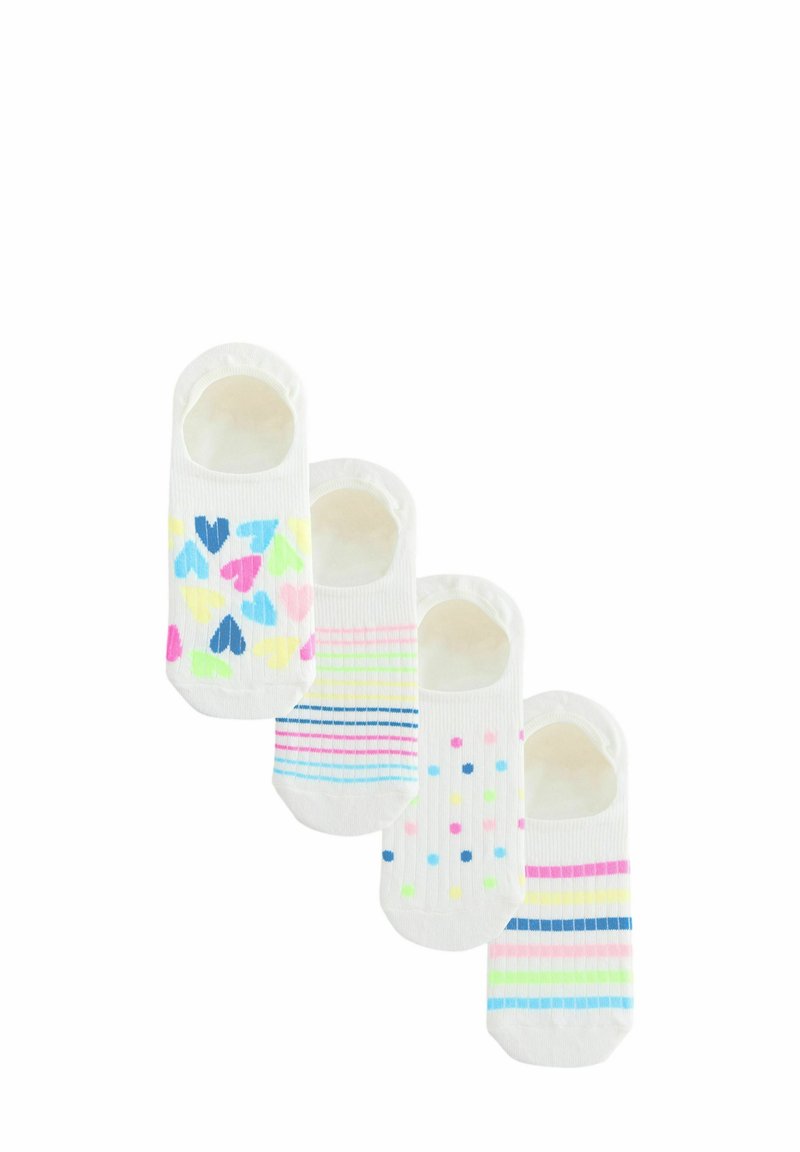 Vier Paare von weißen No-Show-Socken mit bunten Mustern: Herzen, Streifen, Punkte und wechselnde Streifen in pastellfarbenen Tönen.