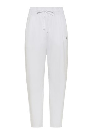 Vita lätta joggerbyxor med elastisk midjeband, dragsko och sidofickor. Slät textur med en figurnära ankelmodell.