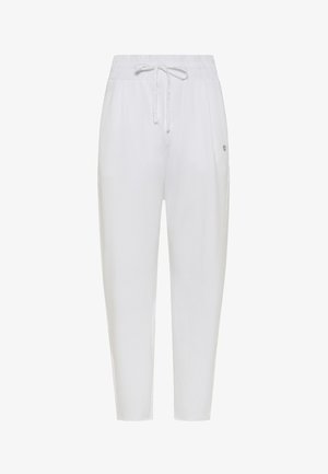 Pantalones jogger blancos y ligeros con cintura elástica, cordón ajustable y bolsillos laterales. Textura suave con diseño ajustado en los tobillos.