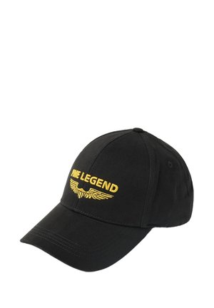 Casquette de baseball en coton noir avec le texte brodé jaune "FIVE LEGEND" et un design d'aile à l'avant, dotée d'une visière incurvée et d'une sangle réglable.