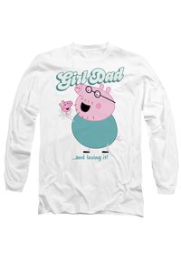 Weißes Langarmhemd mit einem Cartoon-Schwein mit Brille, das ein kleineres pinkes Schwein hält, begleitet von blauer Schrift mit "Girl Dad."