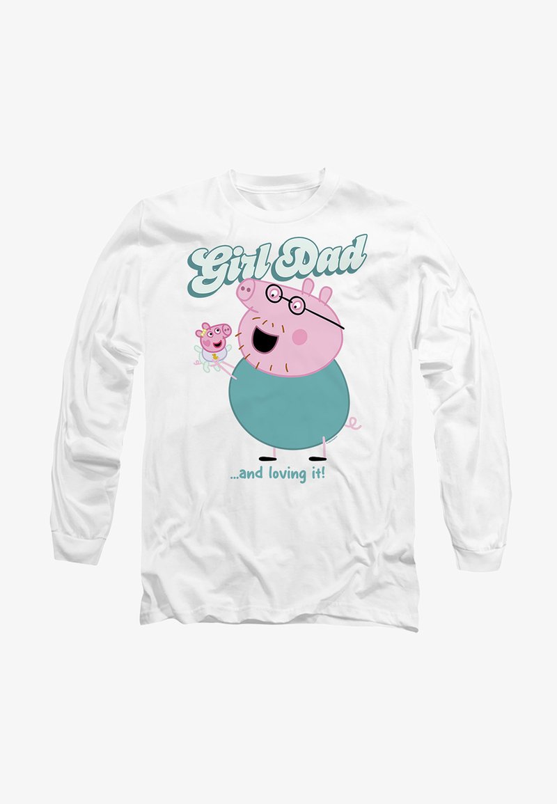 Weißes Langarmhemd mit einem Cartoon-Schwein mit Brille, das ein kleineres pinkes Schwein hält, begleitet von blauer Schrift mit "Girl Dad."