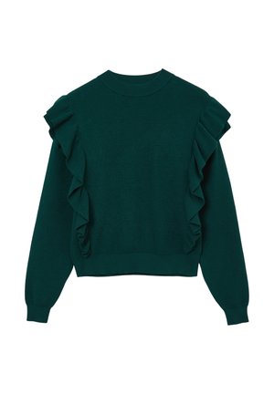 Dunkelgrüner Strickpullover mit Rüschendetails an den Schultern, Rundhalsausschnitt und langen Ärmeln mit eng anliegenden Bündchen.