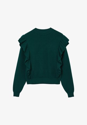 Maglione a maglia verde scuro con dettagli arricciati lungo le spalle, collo rotondo e maniche lunghe con polsini aderenti.