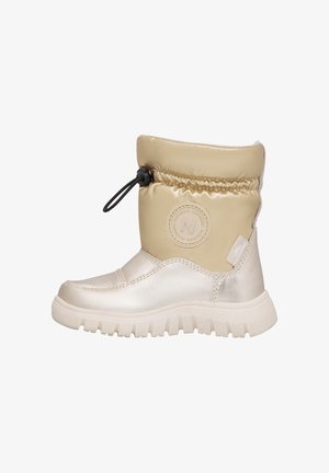 Stivale invernale beige e metallico per bambino, con parte superiore imbottita, patch rotondo con logo e suola spessa e testurizzata, fissato da un cordino di regolazione nero.