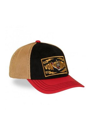 Casquette de camionneur noire et marron avec une visière rouge, arborant un patch brodé avec un logo de tigre. Dos en mesh pour une meilleure ventilation. Silhouette structurée.