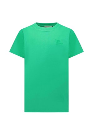 T-shirt met korte mouwen in helder groene katoen, voorzien van een ronde hals en een klein geborduurd logo op de borst. Soepele textuur, casual pasvorm.