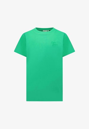 T-shirt met korte mouwen in helder groene katoen, voorzien van een ronde hals en een klein geborduurd logo op de borst. Soepele textuur, casual pasvorm.