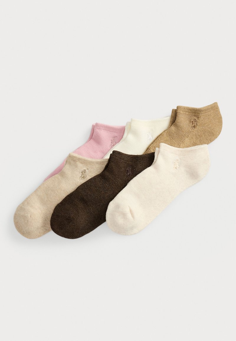 Five pairs of ankle socks in pink, beige, brown, cream, and tan, each featuring a small embroidered logo near the cuff.