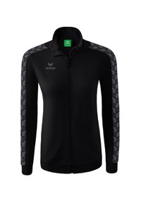 Giacca nera con zip, realizzata in tessuto morbido, con accenti grigi a motivo lungo le maniche e un logo sul petto. Presenta un collo alto.